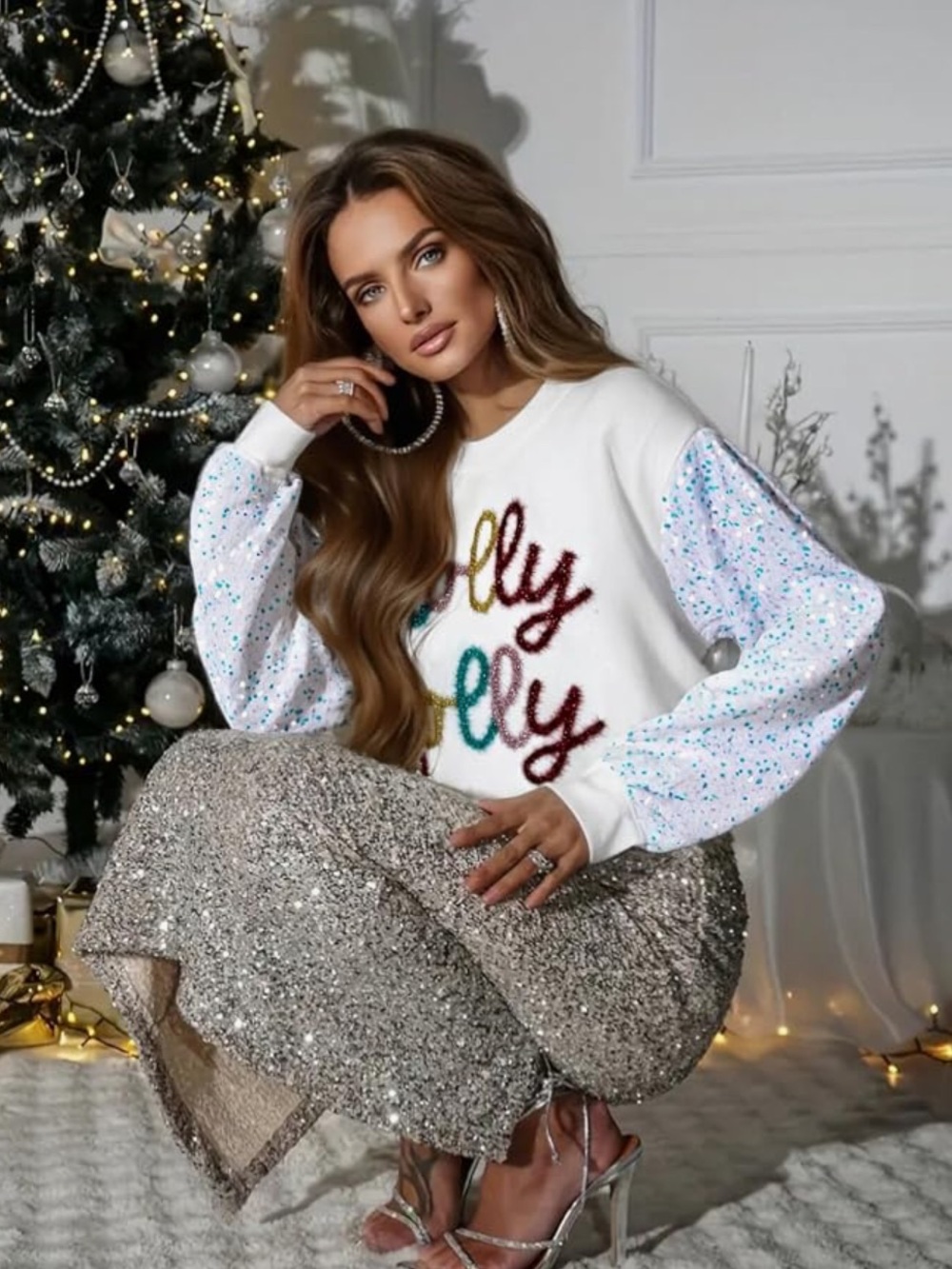 Holly Jolly Sequin Sleeve Festive White Graphic Pullover Sweater - Picture 3 of 5